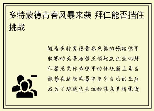 多特蒙德青春风暴来袭 拜仁能否挡住挑战